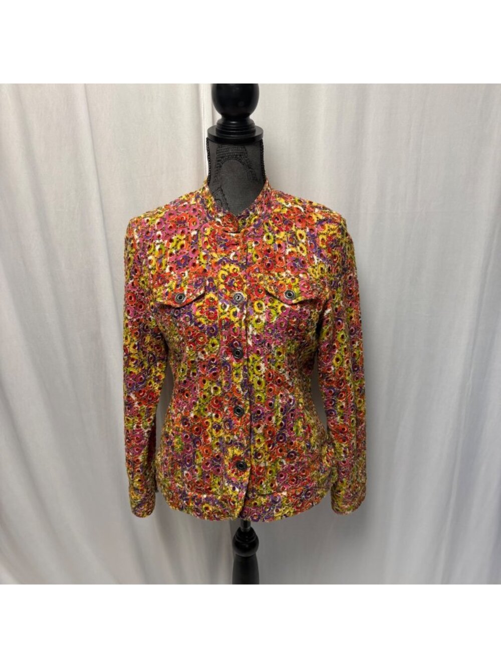 Chicos Jacket Womens Size 1 Medium Multicolor Embroidered Floral Buttoned Blazer